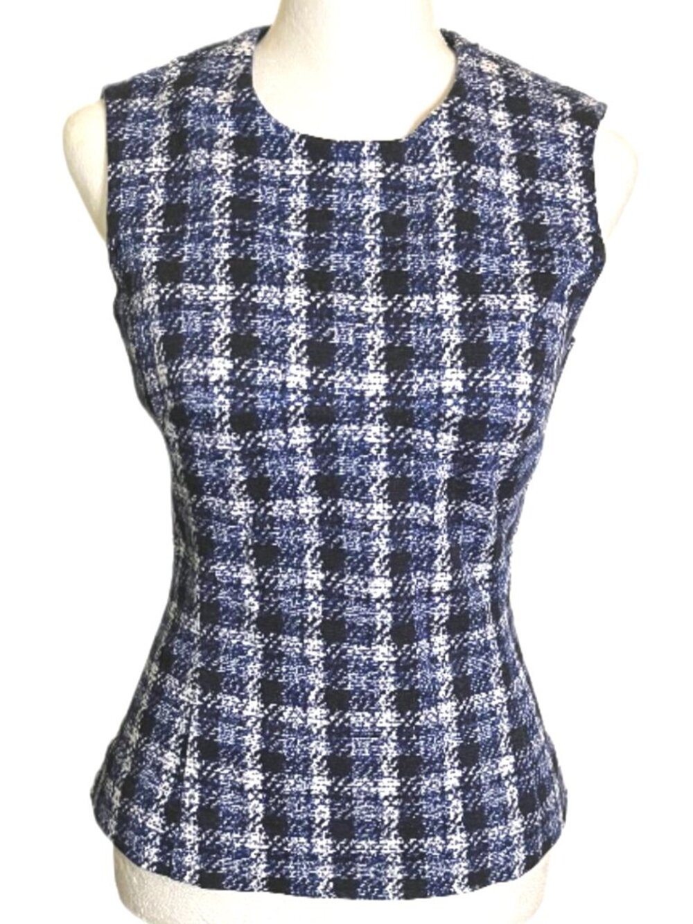 Derek Lam Navy Blue and White Plaid Sleeveless Back Zip Crew New Top Size 0
